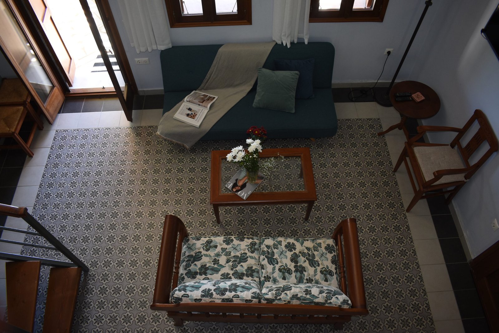 Living room view from above at Alisahni Villas in Kiotari, Rhodes.